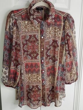 Haver London Top, Size L, Sheer, Patchwork, Abalone Button, Metallic